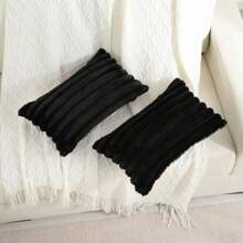 Vỏ gối trang trí sọc mềm mại ấm áp bằng lông giả, Vỏ gối nhung cho ghế sofa - màu đen - Xem 4