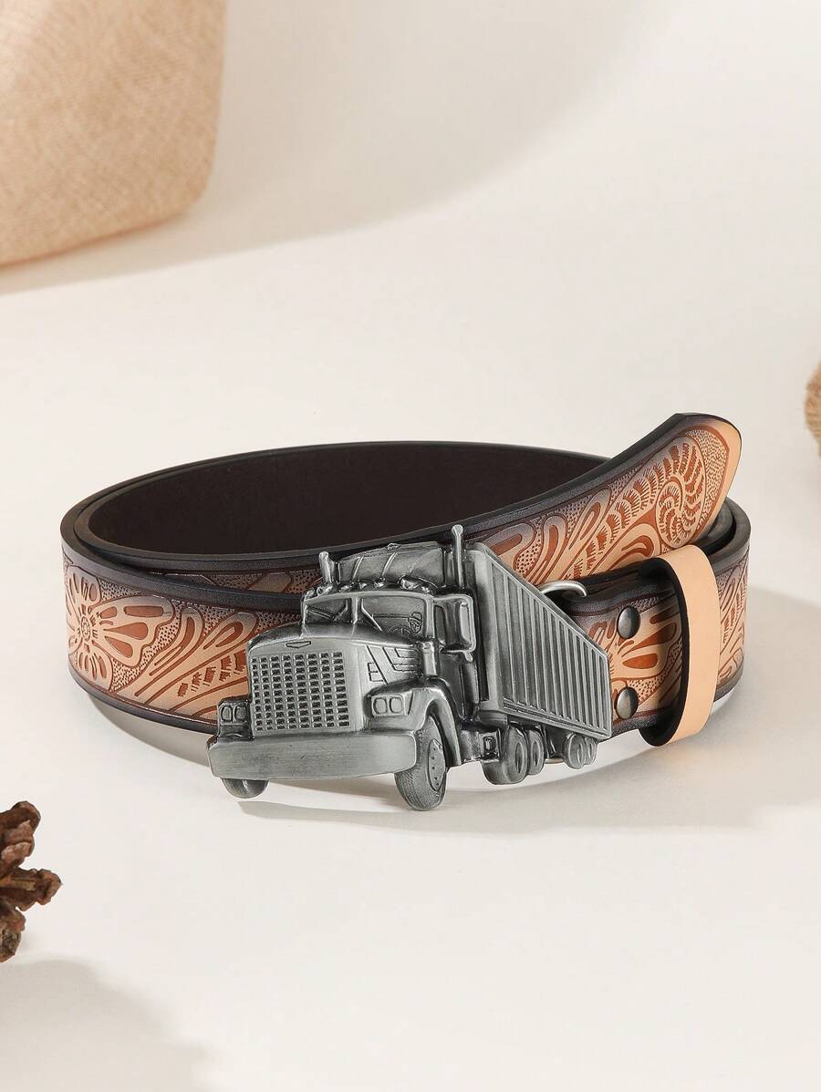 1 条男女通用复古西部牛仔车扣压花 PU 皮带，时尚百搭，适合搭配牛仔裤、裙子和全年穿着 - 彩色 - 查看 1