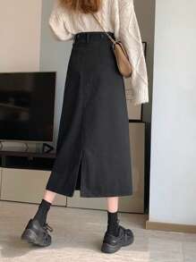 女士高腰中长款纯色牛仔裙 - 黑色 - 查看 7