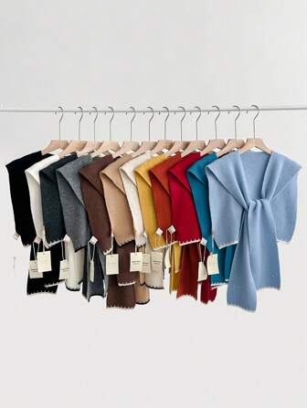 100% 羊毛宽松女孩风格针织披肩领扭结背心开衫，办公室/空调房冷肩套