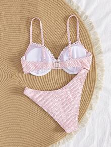 2025 Moda damska Wakacje na plaży Seksowne zestawy bikini, Europejski i amerykański styl dwuczęściowy strój kąpielowy, Delikatne wykończenie kwiatowe, Regulowane ramiączka spaghetti, Wysokie wycięte spodnie, Słodkie i urocze