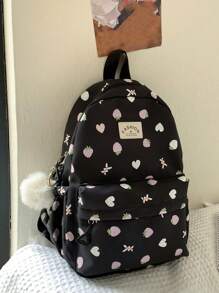 卡哇伊草莓印花背包 - 大容量学生书包，多隔层休闲尼龙旅行书包，配有毛绒吊坠 - 适合上学和通勤，书包，便携式，笔记本电脑隔层，大容量，适合少女