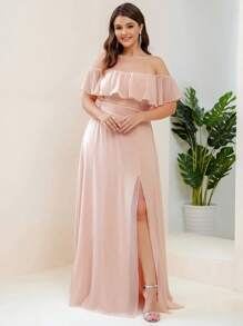 EVERPRETTY Plus Size Elegant Solid Color Off Shoulder Split Bridesmaid Dress - Pink - View 3