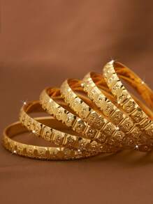 1/3/6 Pieces Of Sand Gold Exquisite Hand Carved Pattern Exquisite 24k Gold Plated 8mm Wide Bracelet For Women, Without Box