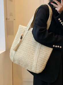 New Fashion Versatile Tote Bag, Beach Holiday Bag, Lightweight & Elegant Woven Design Bohemian Style Small Shoulder Handbag With Tassel Pendant, Large Capacity For Commuting, Daily Shopping, Vacation, Suitable For Women, College Students, Teenagers - Beige - View 9