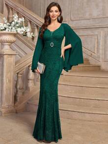 MIUSOL 优雅深 V 领花卉蕾丝长袖美人鱼下摆正式派对长裙、婚礼宾客礼服、晚礼服、长袍