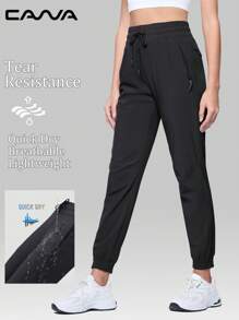 Cavva 女士夏季防水快干徒步裤可调节高腰抽绳弹性脚踝袖口 3 个拉链口袋户外露营跑步日常休闲 - 黑色 - 查看 2