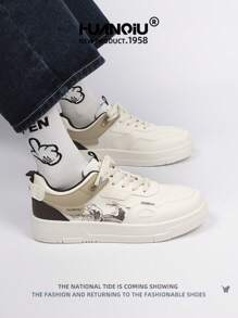 HUANQIU 2025新款男鞋男士运动鞋黑色鞋滑板鞋山水画时尚小白鞋泼墨百搭轻便舒适小白鞋系带软底休闲鞋中国风跑鞋黑白四季鞋 - 棕色 - 查看 5