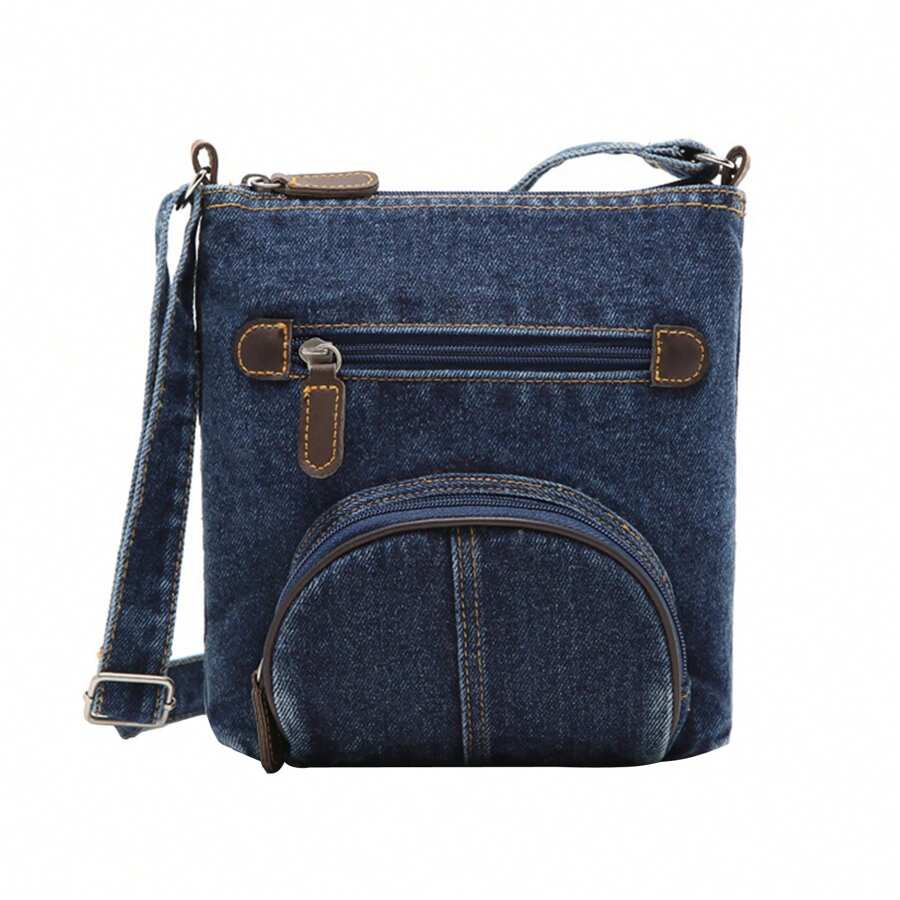 Women Fashion Denim Crossbody Bag Multi Pockets Messenger Bag With Adjustable Straps Shoulder Bag Vintage Bag - Royal Blue - View 1