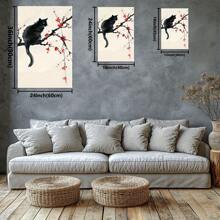 The Black Cat Stood On A Branch Which Bloomed The Red Flowers. Large Wooden Framed Wall Painting Artist Home Decoration Oil Painting - Bedroom, Bathroom, Living Room, Office, Kitchen, Christmas Gifts - 1 Piece