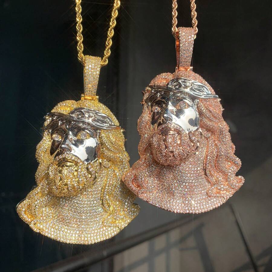 1pc Bronze Cubic Zirconia Human Head Pendant, Hip-Hop Style Daily Wear Jewelry For Men, Comes With 1pc Braided Chain