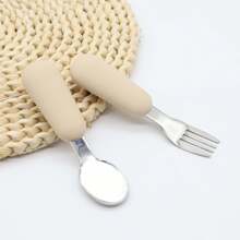 2pcs Kids/Toddler Dinnerware Set, Children Cutlery Set With Silicone Handles, Stainless Steel Kids Spoon And Fork, Silicone - Dishwasher Friendly - Beige - View 7