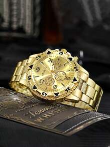 豪华商务金色大表盘计时钢带手表，蓝色水晶玻璃表盘，圆形表盘男孩手表，生日礼物 - 彩色 - 查看 8