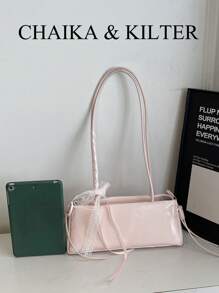 CHAIKA & KILTER 1 件亮面 PU 皮革单肩包，女士时尚法棍包，双手柄，拉链开合，蕾丝蝴蝶结装饰，适合日常购物和通勤（随围巾出售）