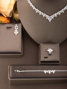 1 Set Elegant CZ Inlaid Jewelry Set For Women, Suitable For Wedding Party, Including 1 Pair Earrings, 1 Necklace, 1 Bracelet, 1 Ring, No Gift Box - Silver 01 - View 2
