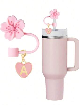 2 件/套心形和字母秋海棠花吸管装饰，粉色杯字母标记和硅胶秋海棠花可重复使用吸管盖（适用于 10 毫米直径吸管），可爱的字母装饰，适用于现代简约玻璃杯返校，返校用品