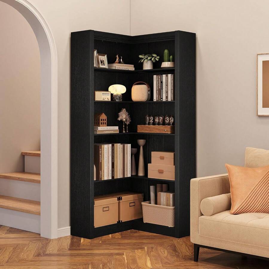 Estantería de esquina de 182,9 cm de altura, estantería de esquina tipo granja, estantería de esquina en forma de L de 5 niveles, estantería de esquina grande con almacenamiento, estantería grande resistente para dormitorio, sala de estar y oficina en el hogar