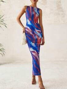 Women Elegant Floral Print Bodycon Mesh Maxi Dresses Summer Tie Dye Sleeveless Ruched Back Slit Long Dress Party Cocktail Wedding Guest Evening Night Out Formal Dress - 深藍色花 - 查看 5