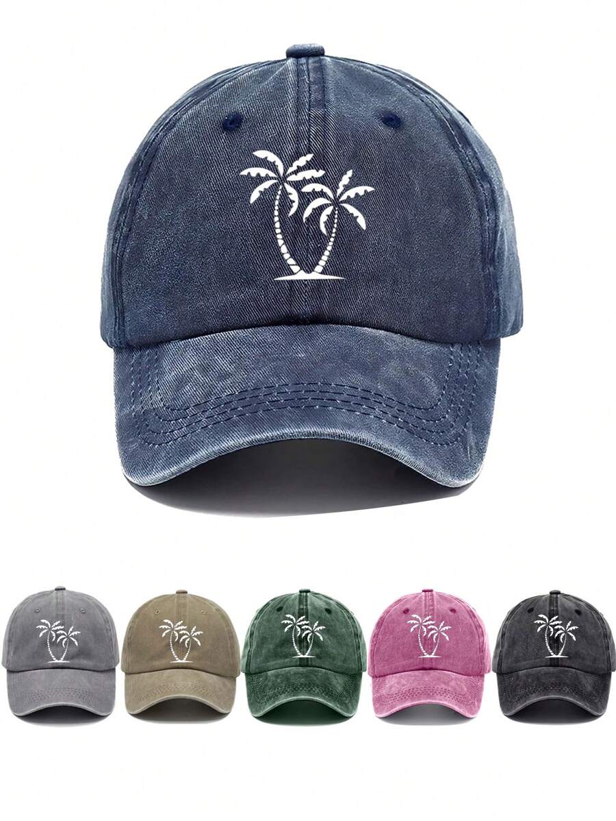 1pc Unisex Washed Denim Baseball Cap With Coconut Tree Distressed Print, Vintage Streetwear Style, Suitable For Casual Wear, Travel And All Seasons - Multicolor - View 1