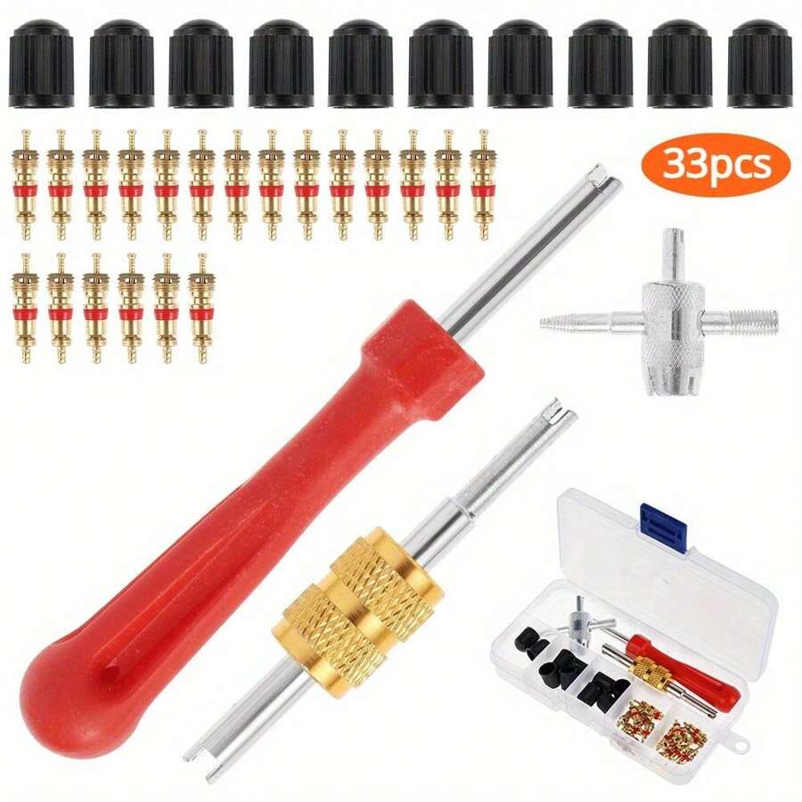 33pcs/Set Tire Valve Stem Installation Kit, Includes Valve Stem Puller, Snap-In Valve Stem And Core, Suitable For Truck And Bicycle - Complete Repair Set - 33pcs/set - View 1