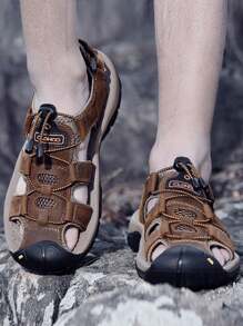 CLOHOO Brand Leather Rubber Thick Sole Handmade Men's Casual Closed Toe Breathable Versatile Sandals - Dark Brown - View 4