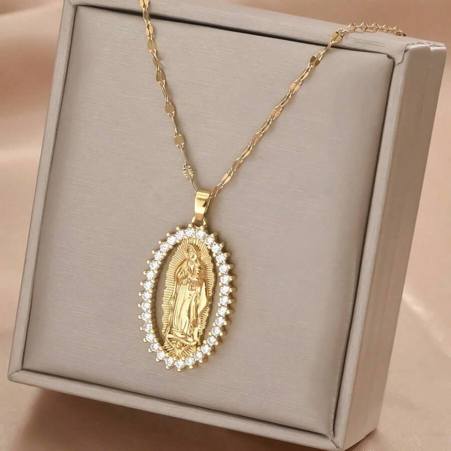 1pc Stainless Steel Gold-Plated Cubic Zirconia Oval Mary Design Necklace, Unisex, Retro Casual Minimalist Fashionable Streetwear Essential, Suitable For Couples Daily, Commute, Holiday Party Wear - Gold - View 1