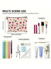 1pc Aardbeienpatroon Thema Volledige Print Make-up Tas - Lichtgewicht En Geurloze Polyester Reis Toilettas, Cartoon Aardbei Leuke Multifunctionele Canvas Tas, Oplaad Opbergtas, Essentiële Reis Make-up Tas: Meisjes Reis Reddingsboei Tas