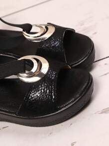 2025 Summer New Casual Wedge Sandals, Platform Dress Sandals With Metal Buckle, Faux Linen Rope Lightweight Peep Toe Elastic Strap,Travel Essential - Black - View 6