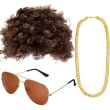 3pcs 50/60/70s Vintage Party Accessories, Suitable For Rock Theme And Disco Theme Parties, Including A Wig, Black/Brown/Gold Color Options, A Pair Of Gold Sunglasses, A Artificial Gold Chain. - Multicolor - View 8