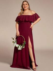 EVERPRETTY Plus Size Elegant Solid Color Off Shoulder Split Bridesmaid Dress - Burgundy - View 4