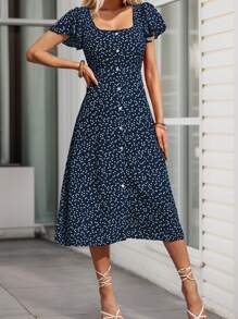 tooluck Chic Ditsy A-Line Midi Dress, Button Front Design Short Sleeves Hem Split, Woman Clothes - Navy Blue - View 3