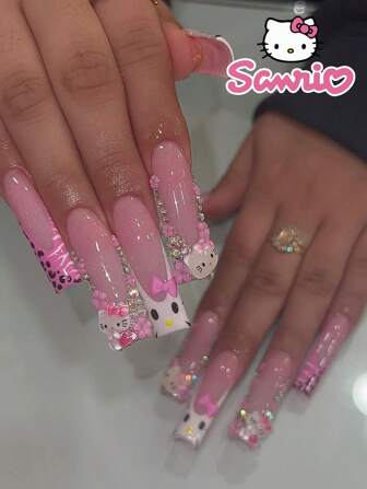  24 tiras de uñas de ataúd, estampado de leopardo rosa Sanrio, corazón francés, Hello Kitty y patrón de flores rosas, pegatinas 3D para uñas para mujeres, uso diario, fiesta, con 1 gel de gelatina y 1 empujador de cutículas, uñas postizas, suministros para uñas