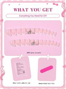 Sanrio Short Square 24pcs French Tip Nails - Cute Style Flower With Rhinestones Fit Perfectly Acrylic Fake Nail Set. Suitable For Daily Parties, Gatherings, And Special Occasions. Includes 1pc Jelly Glue And 1pc Nail File. Press On Nails