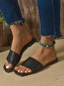 2025 新款时尚百搭轻质编织女士拖鞋 - 黑色 - 查看 1