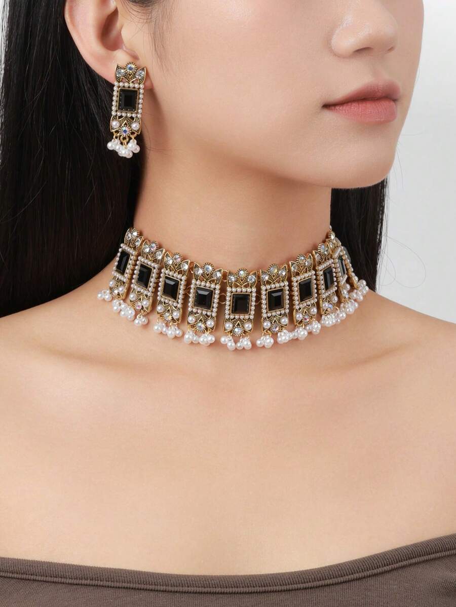 Retro Exaggerated Boho Crystal Rhinestone, Pearl, Square Gemstone Necklace And Tassel Earrings 3pcs Jewelry Set