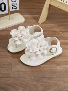 Toddler/Little Girls' 2025 Summer New Fashion Versatile Round Toe Thong Sandals With Large Flower, Flat, Anti-Slip For Beach & Home Wear