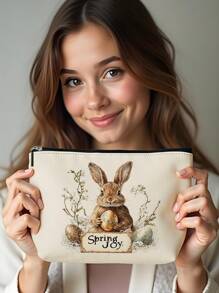 1pc Easter Bunny, Egg & Bow Letter Linen Print Cosmetic Bag, Adorable Travel Makeup Pouch & Multipurpose Coin Purse, Lightweight Gift Essential For Women