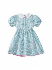 فستان محبوك مزخرف برسومات الأزهار والأرنب للبنات - أخضر نعناع - مشاهدة 3