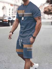 Set de 2 piezas Traje casual de verano para hombre, camiseta de cuello redondo de manga corta con bloques de color y pantalón corto con cordón, shorts de playa, conjunto de entrenamiento, tallas grandes - Azul - Ver 1