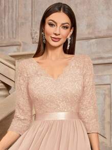 MIUSOL 优雅V领亮片花卉蕾丝荷叶边雪纺七分袖长款晚礼服 - 香檳色 - 查看 8