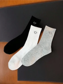 6 Pairs Of Heart-Shaped Pattern Athleisure Socks, Couple Sports Socks, Thick And Comfortable Materials, Simple And Versatile Solid Color Socks, Ins And Korean Style, Suitable For Both Men And Women, Black, White And Gray