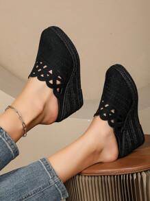 天鹅绒激光透气时尚轻便休闲坡跟草编女鞋 - 全黑色 - 查看 4