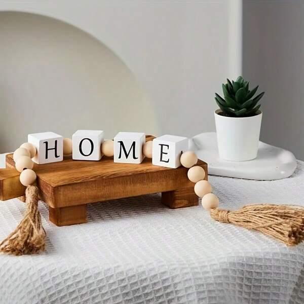 Wood Letter Block Bead Garland With Tassels Home Farmhouse Decorative Beaded Garland Decor For Home Living Room Coffee Bar Tabletop Mantel Shelf Tiered Tray Decor