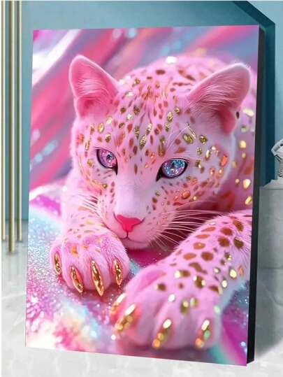 5D Diamond Painting Kit, Pink Leopard Wall Art - Frameless Coloful Big Cat Diy Diamond Mosaic, Suitable For Living Rooms, Modern Animal Theme Artworks