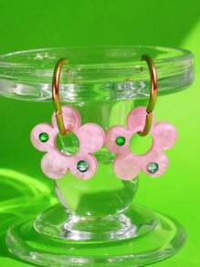 One Pair Of Alloy Acrylic Earrings With Detachable Transparent Pink Flower Pendant Hoop Earrings With Rhinestone, Fashionable And Sweet Design For Women, Suitable For Wearing During Seaside Travel Vacation. Valentines,Mom,Mother,Mother's Day,Gift