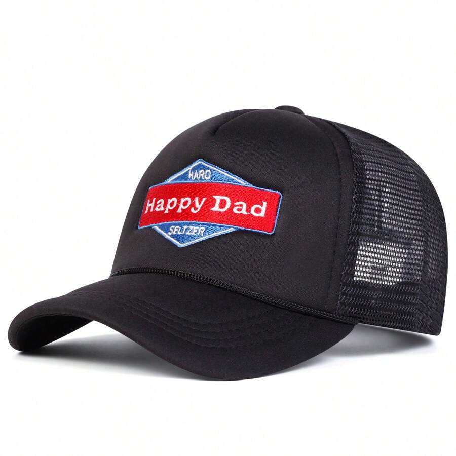 1Piece Men Happy Dad Letter Embroidered Baseball Cap Mesh Hat Outdoor Adjustable Sunscreen Leisure Hat Spring Autumn Travel Tourism Beach Vacation - 黑色 - 查看 1