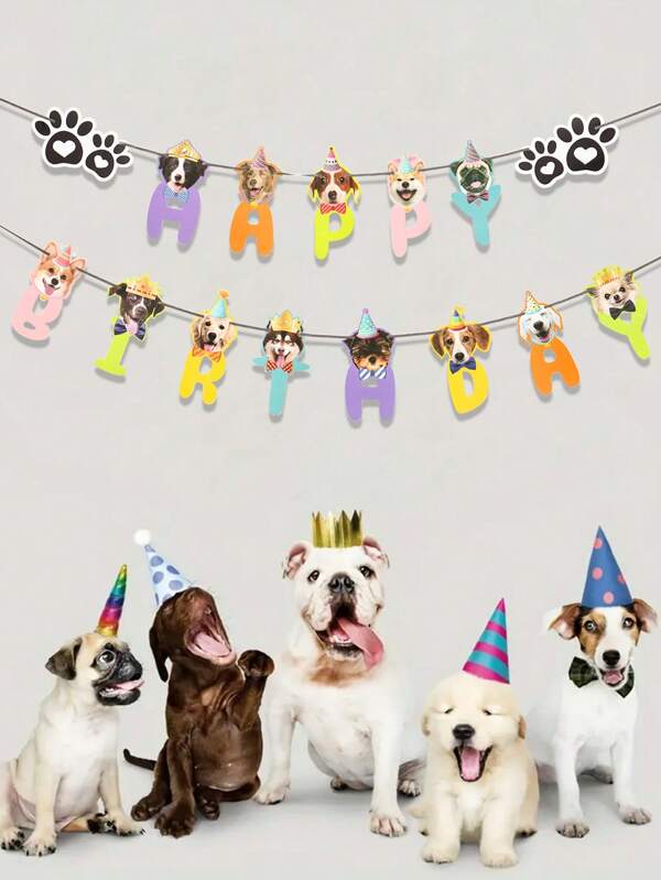 1 set Bandera de jalado de fiesta de cumpleaños para mascotas, lindo fondo de banner de fiesta de cumpleaños de cachorro, banner de decoración de fiesta de cumpleaños de mascotas, bandera de papel de cumpleaños con cara de perro para fiesta de animales, set de accesorios para mascotas