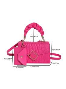 New Spring/Summer Retro Crocodile Embossed Solid Color PU Leather Small Square Handbag For Women (With Hanging Accessory) - Hot Pink - View 6