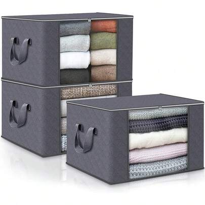 3-Pack Foldable Heavy Fabric Clothes And Blanket Storage Bags With Durable Strap Handles For Bedroom, Closet, And Quilt Organization – Gray Color, Space-Saving, Versatile Household Storage Solution For Wardrobe And Linen Storage, Keeps Garments Tidy And Accessible; Perfect For Seasonal Wardrobe Changes, Dorm Rooms, Apartments, And Travel Storage; Reduces Clutter, Protects Fabrics From Dust; Labeled Compartments Help Quick Retrieval; Lightweight Design, Easy To Fold, Reinforced Seams, And Durable Construction For Everyday Use