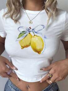Women's Summer Letter Fruit Printed Cropped Round Neck Short Sleeve Silm Fit Casual T-Shirt,Lemon & Bow Graphic Tees Women Tops,For Summer Women Tee